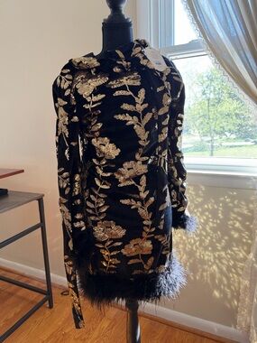 Ivy city co zarah black Mini Dress with Gold Floral Embroidery and Feather Trim